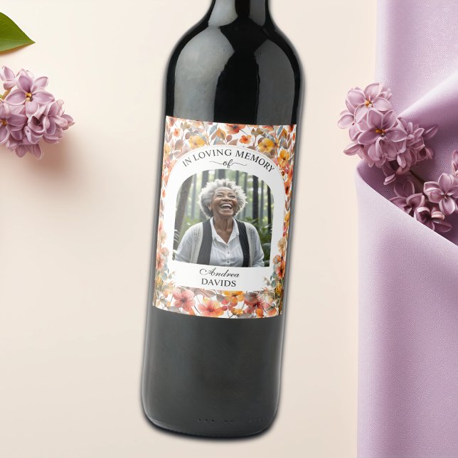 Celebration Of Life Photo Funeral Colourful Floral Wine Label (Creator Uploaded)