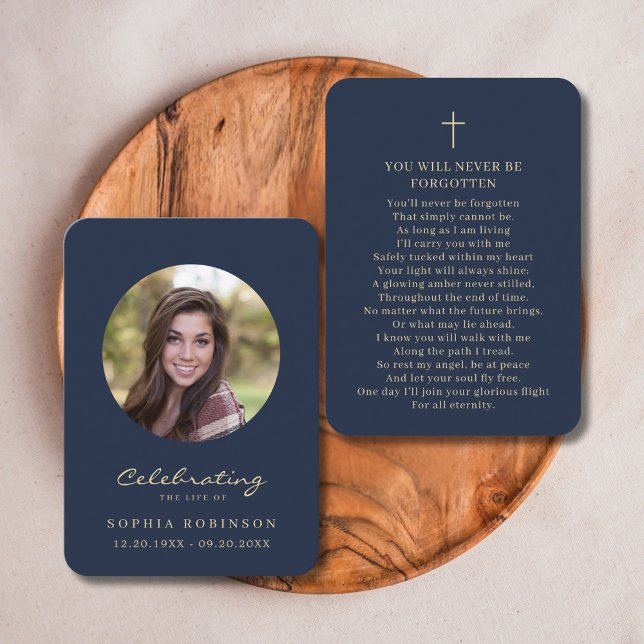 Celebration of Life Photo Funeral Gold Blue Card (Creator Uploaded)