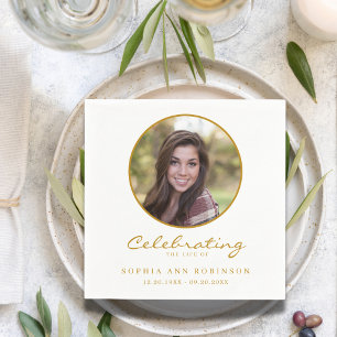 Celebration of Life Photo Gold Script Funeral Napkin