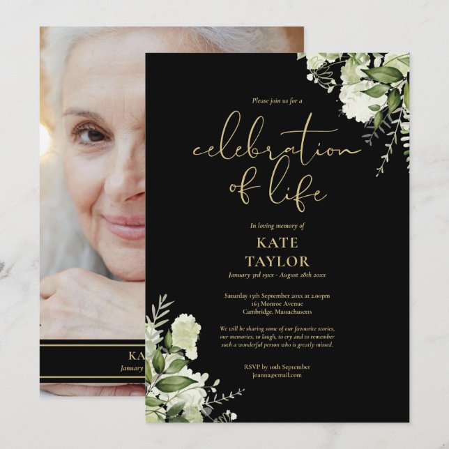 Celebration of Life Photo Greenery Black And Gold Invitation (Front/Back)
