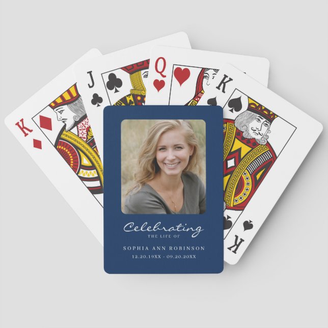 Celebration of Life Photo Memorial Keepsake Blue Playing Cards (Back)