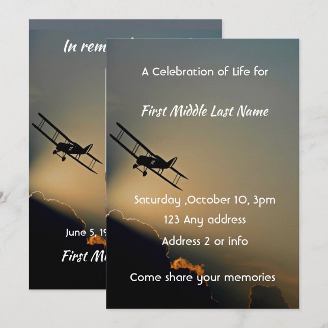Celebration of Life  Photo Pilot Aeroplane Flying  Invitation (Front/Back)