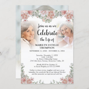 Celebration of Life Pink Floral 3 Photos Memorial Invitation