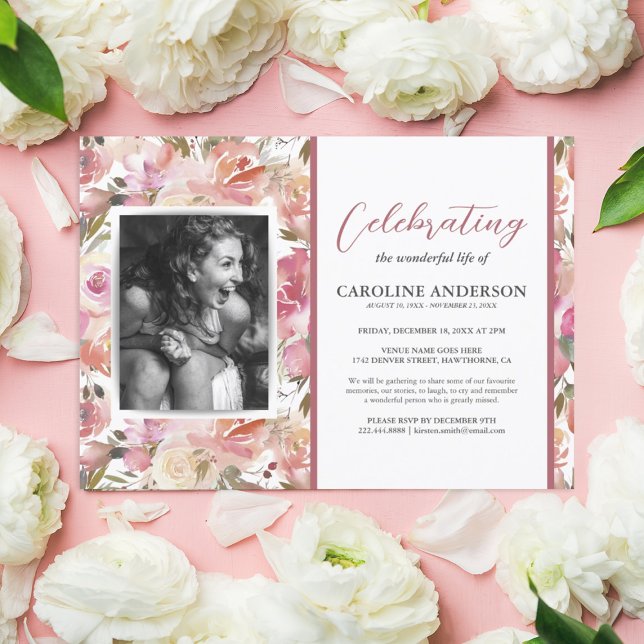Celebration of Life Pink Floral Photo Invitation (Creator Uploaded)
