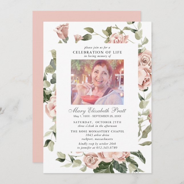 Celebration of Life Pink Rose Floral Photo Invitation (Front/Back)