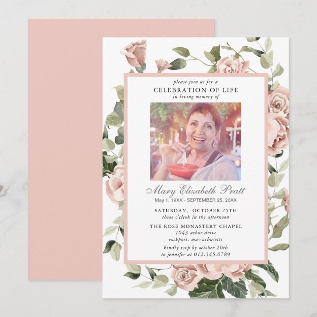 Celebration of Life Pink Rose Floral Photo  Invitation (Front/Back)