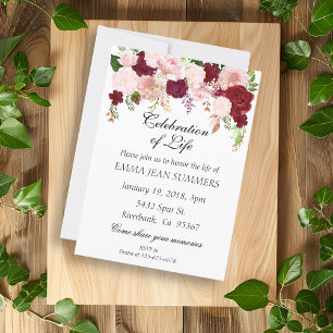 Celebration of Life Pretty Floral Burgundy Blush Invitation