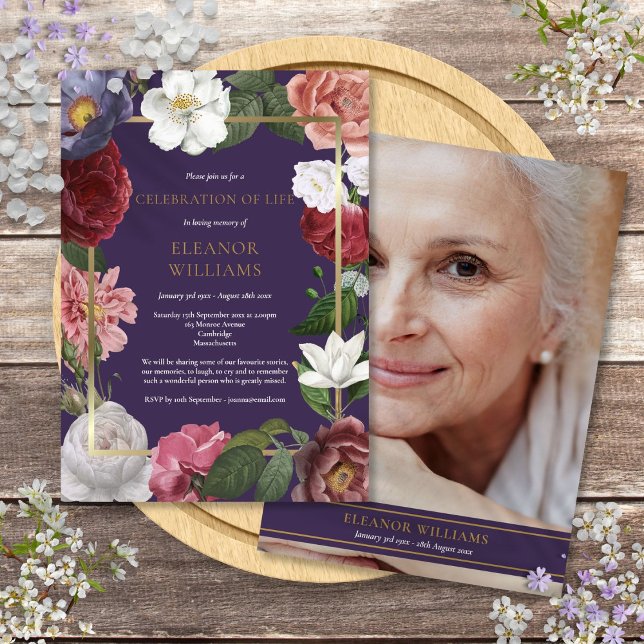 Celebration of Life Purple Gold Rose Floral Photo Invitation (Celebration of Life Purple Gold Rose Floral Photo Invitation)