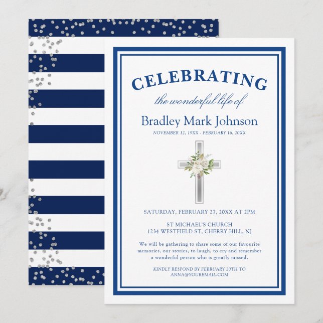 Celebration of Life Religious Funeral Blue Silver Invitation (Front/Back)