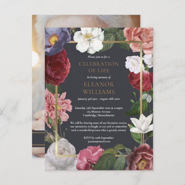 Celebration of Life Rose Floral Photo Announcement Postcard (Front/Back)