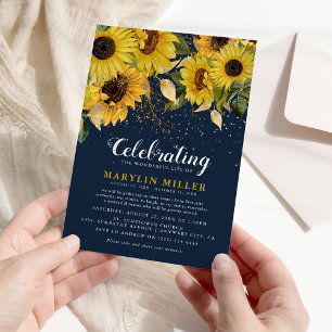 Celebration of Life Rustic Sunflower, Navy & Gold  Invitation