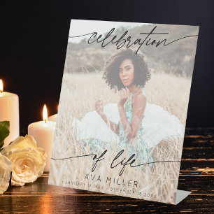 Celebration of Life Script Funeral Photo   White Pedestal Sign