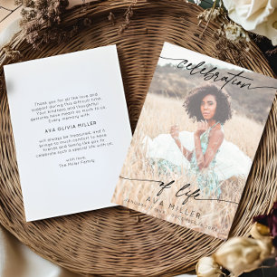 Celebration of Life Script Funeral Photo   White Thank You Card