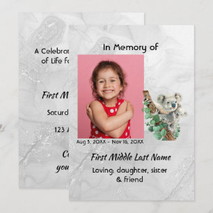 Celebration of Life Service Cute Koala Bear Kids Invitation
