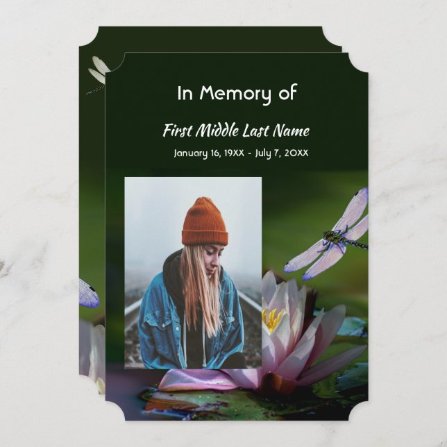 Celebration of Life Service Dragonfly Lotus Flower Invitation (Front/Back)