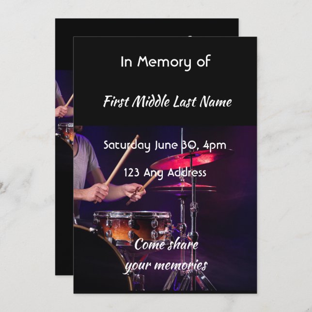 Celebration of Life Service Drummer Drums Band  Invitation (Front/Back)