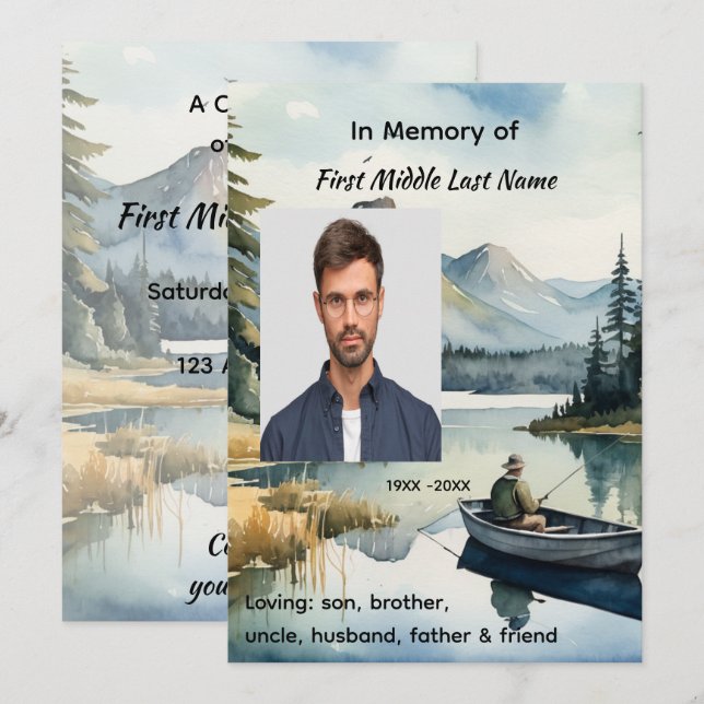 Celebration of Life Service  Fishing Lake in Boat Invitation (Front/Back)