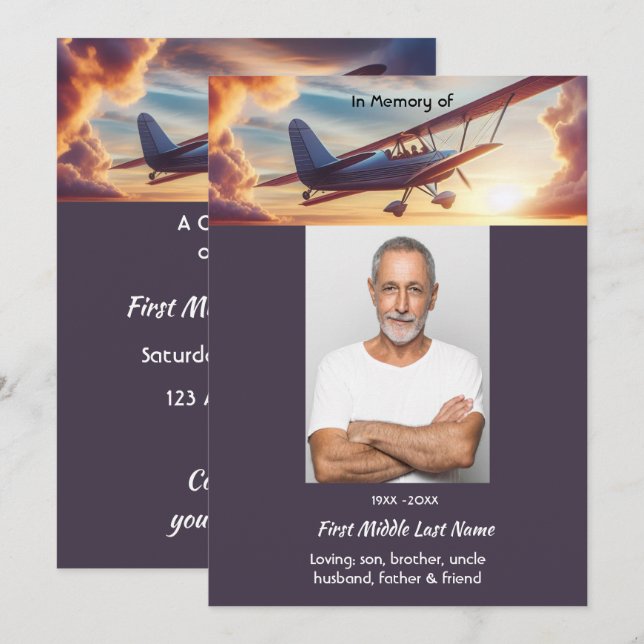 Celebration of Life Service  Pilot Flying Sunset Invitation (Front/Back)