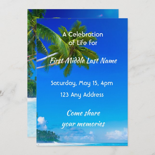 Celebration of Life Service Tropical Beach Exotic Invitation (Front/Back)