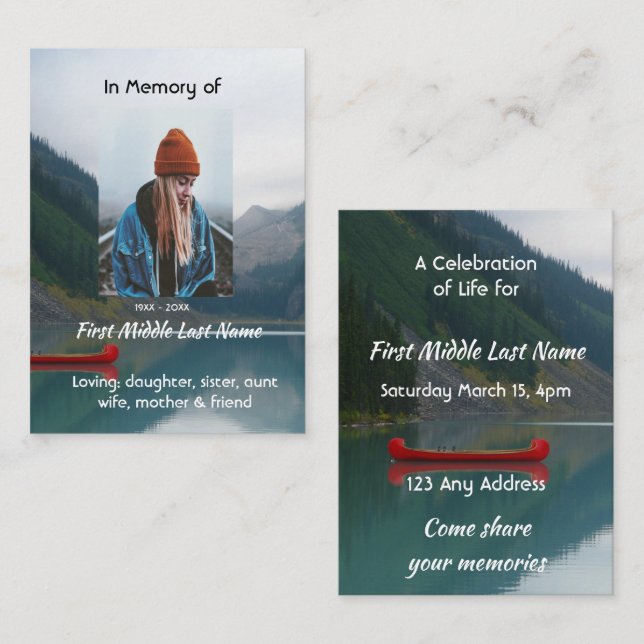Celebration of Life Service Wilderness Lake Canoe Business Card (Front/Back)