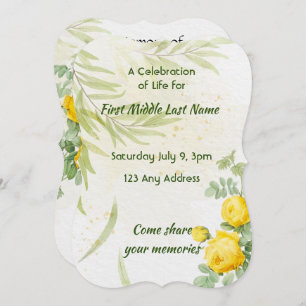 Celebration of Life Service Yellow Roses Flowers Invitation