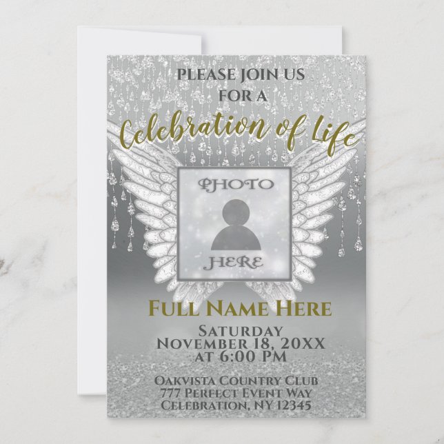 Celebration of Life - Silver and Gold Add Photo Invitation (Front)