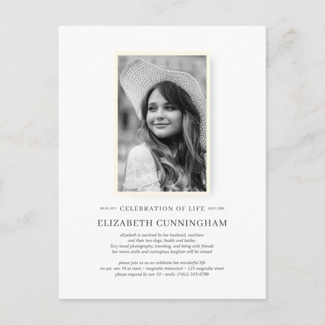 Celebration of Life Simple Chic Elegant Photo Invitation Postcard (Front)