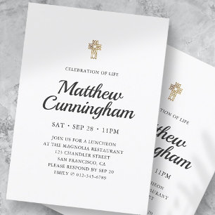 Celebration of Life Simple Faux Gold Cross Invitation