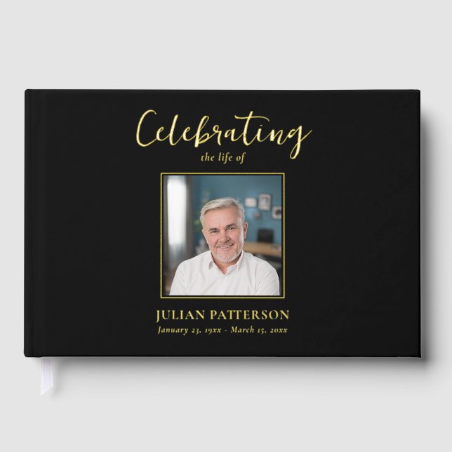 Celebration of Life Simple Photo Gold Foil Funeral Guest Book (Front)