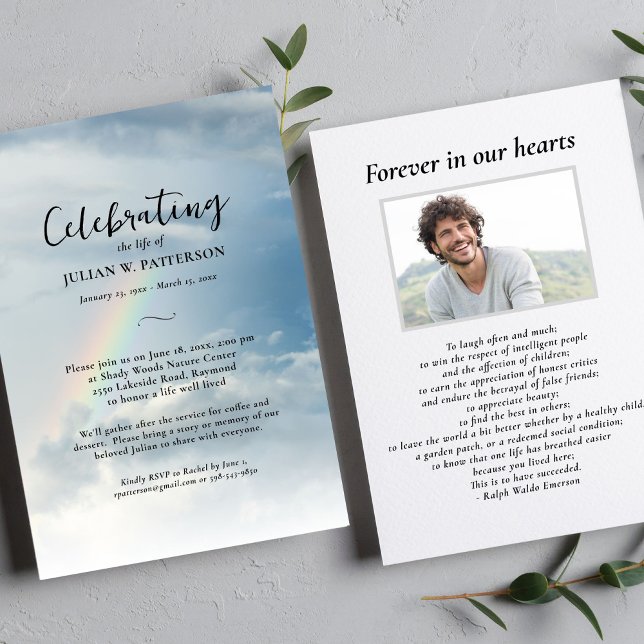 Celebration of Life, Sky Clouds Rainbow Funeral Invitation (Creator Uploaded)