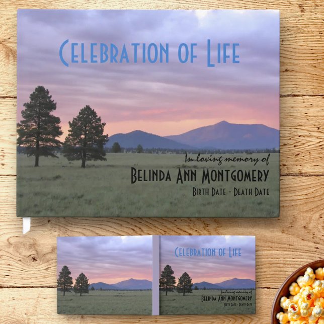 Celebration Of Life Stormy Prairie Sunset Custom Guest Book (front cover and front & back guestbook view)