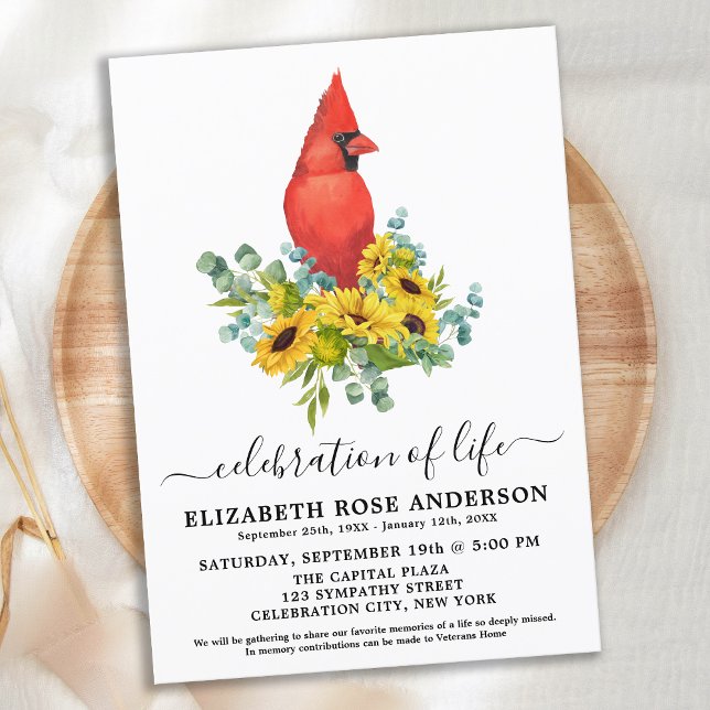 Celebration Of Life Sunflower Cardinal Funeral  Invitation (Creator Uploaded)
