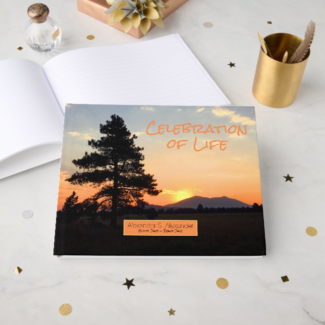 Celebration of Life Sunset Photo Memorial Custom Guest Book (Front Open)