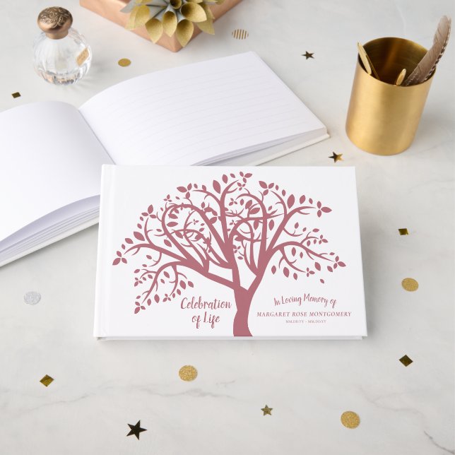 Celebration of Life Tree Modern Pink Script Guest Book (Front Open)