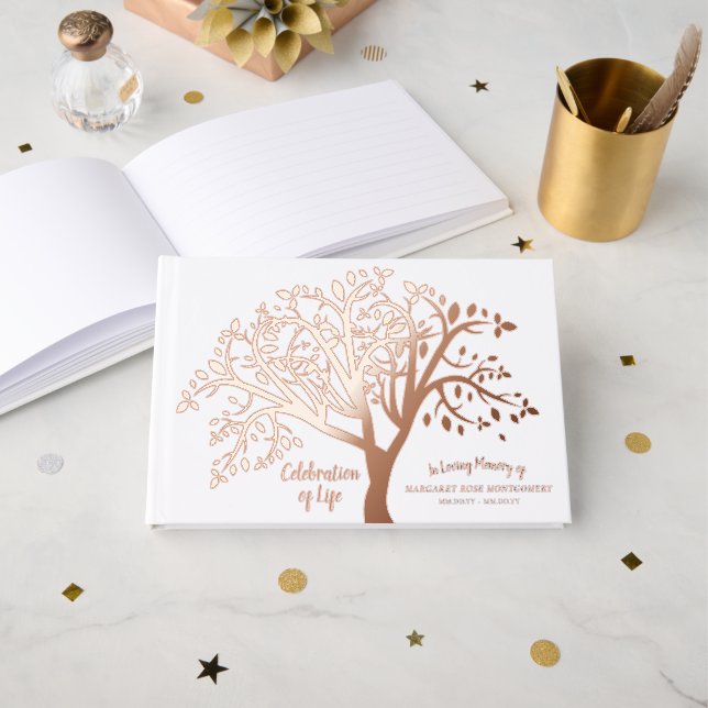 Celebration of Life Tree Modern Script Guest Book (Front Open)