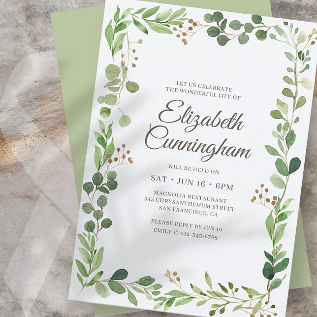 Celebration of Life Watercolor Foliage Greenery Invitation (Creator Uploaded)