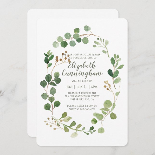 Celebration of Life Watercolor Greenery Foliage Invitation (Front/Back)