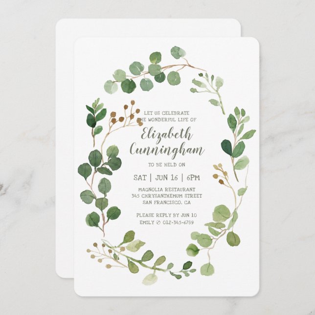 Celebration of Life Watercolor Greenery Foliage Invitation (Front/Back)