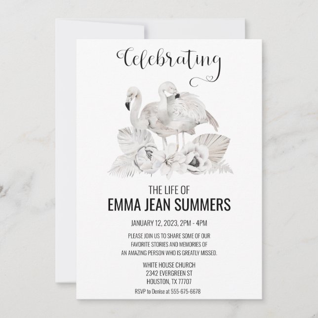 Celebration of Life White Flamingo Boho Tropical  Invitation (Front)