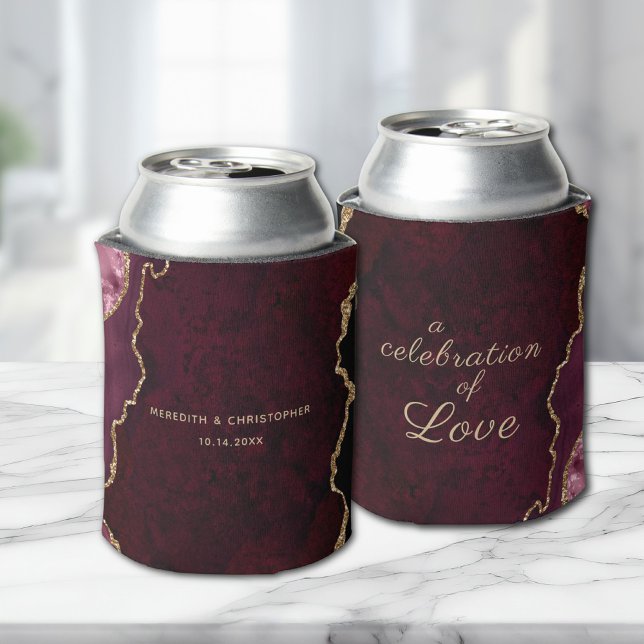 Celebration of Love Burgundy Agate Wedding Can Cooler (Creator Uploaded)
