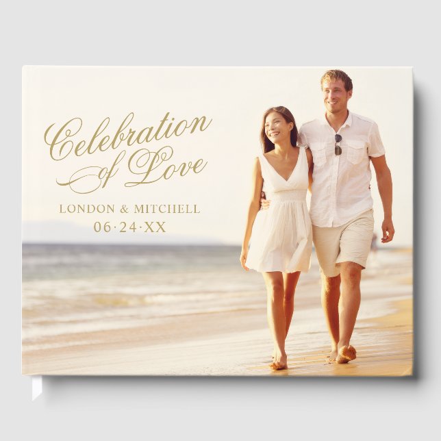 Celebration of Love Elegant Gold Wedding Photo Guest Book (Front)