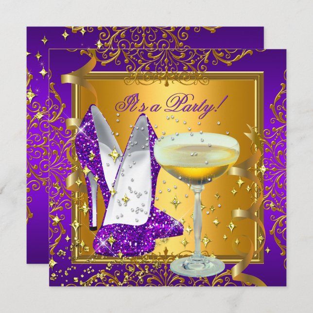 Celebration Purple Champagne Royal Gold Party Invitation (Front/Back)