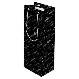 Celebration Script  Silver Pattern on black Wine Gift Bag