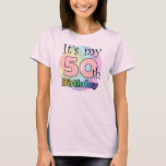 Celebratory 50th Birthday Milestone T-Shirt<br><div class="desc">The image features a light pink T-shirt with a festive message that announces "It's my 50th Birthday" in a playful, multi-colored font. The numbers are filled with a pastel rainbow gradient, giving the shirt a cheerful and vibrant look suitable for a milestone celebration. This T-shirt is perfect for anyone looking...</div>