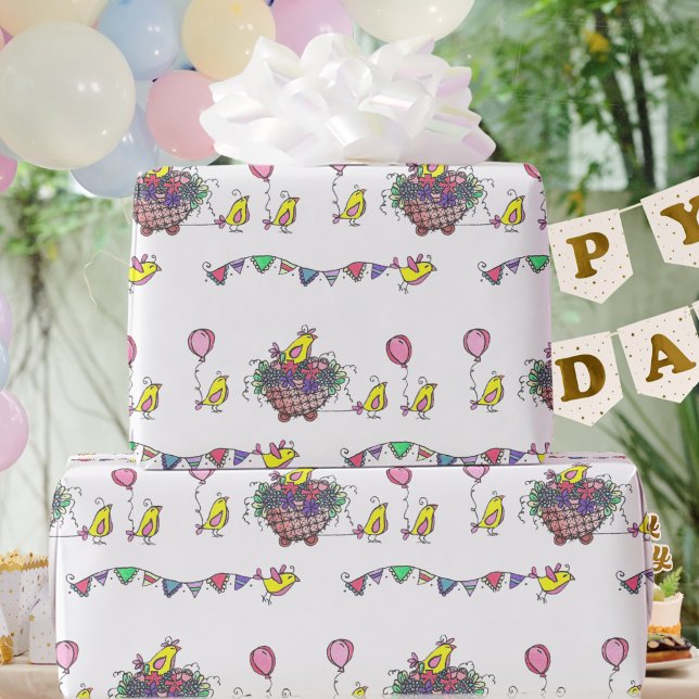 Celebratory Bird Parade Illustration Wrapping Paper (Creator Uploaded)