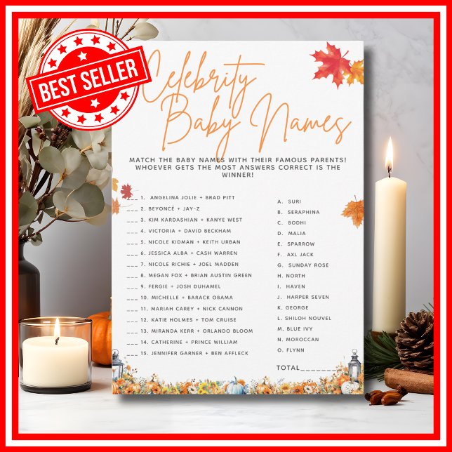 CELEBRITY BABY NAMES Baby Shower Game Floral Cute Invitation (CELEBRITY BABY NAMES Easy Baby Shower Game A Little Pumpkin is on the Way Theme)