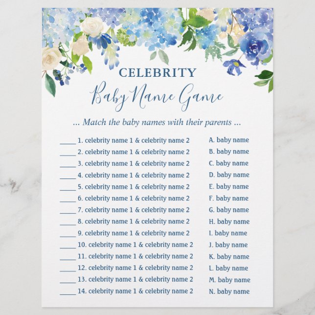 Celebrity Baby Names Game Blue Hydrangea Floral (Front)