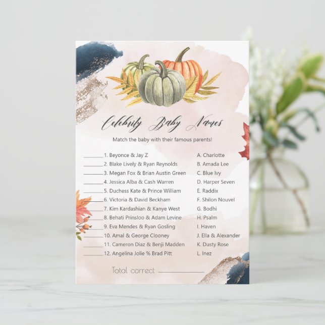 Celebrity Baby Names Pumpkin Baby Shower Game Card (Standing Front)
