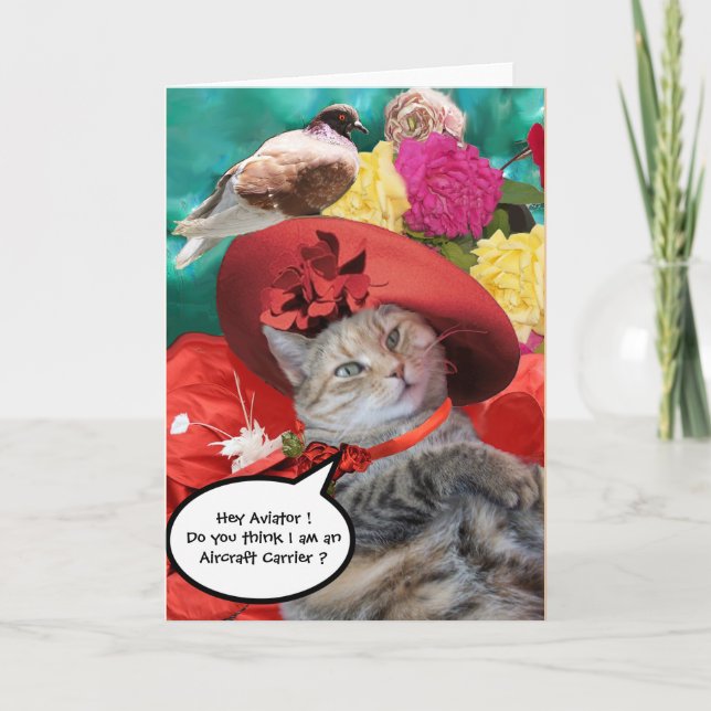 CELEBRITY CAT PRINCESS TATUS, RED HAT WITH PIGEON CARD (Front)