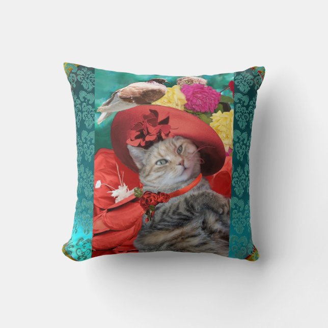 CELEBRITY CAT PRINCESS TATUS, RED HAT WITH PIGEON CUSHION (Front)